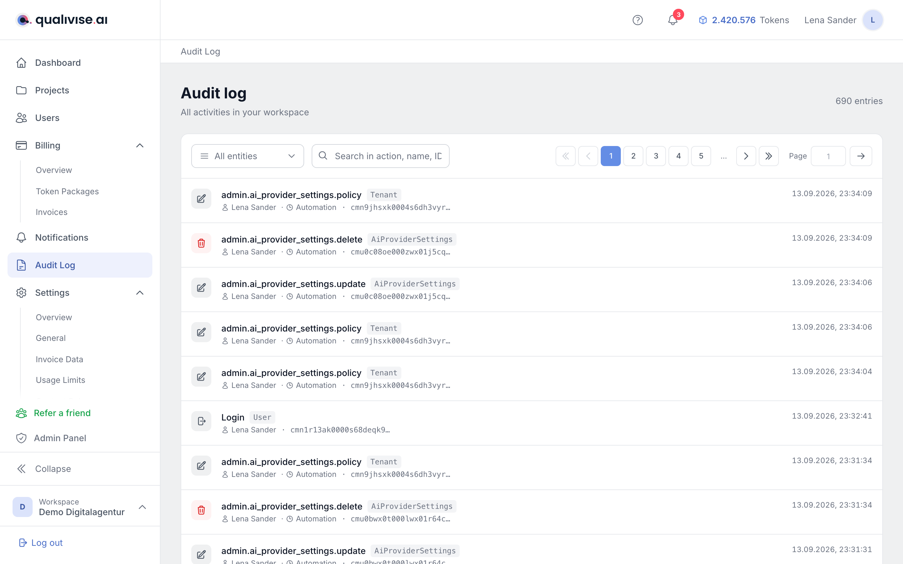 Audit log with list of recent events