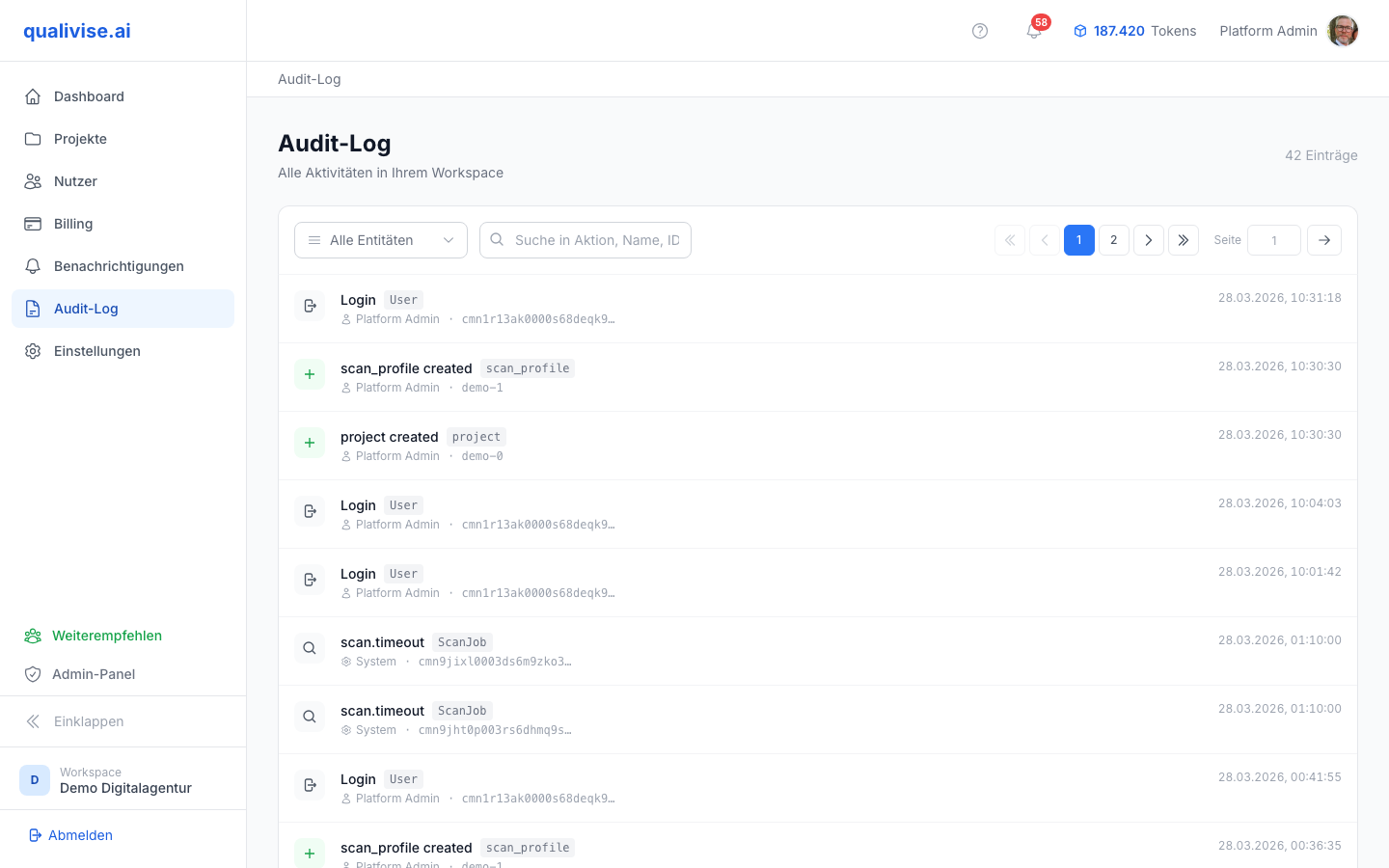 Audit log with list of recent events