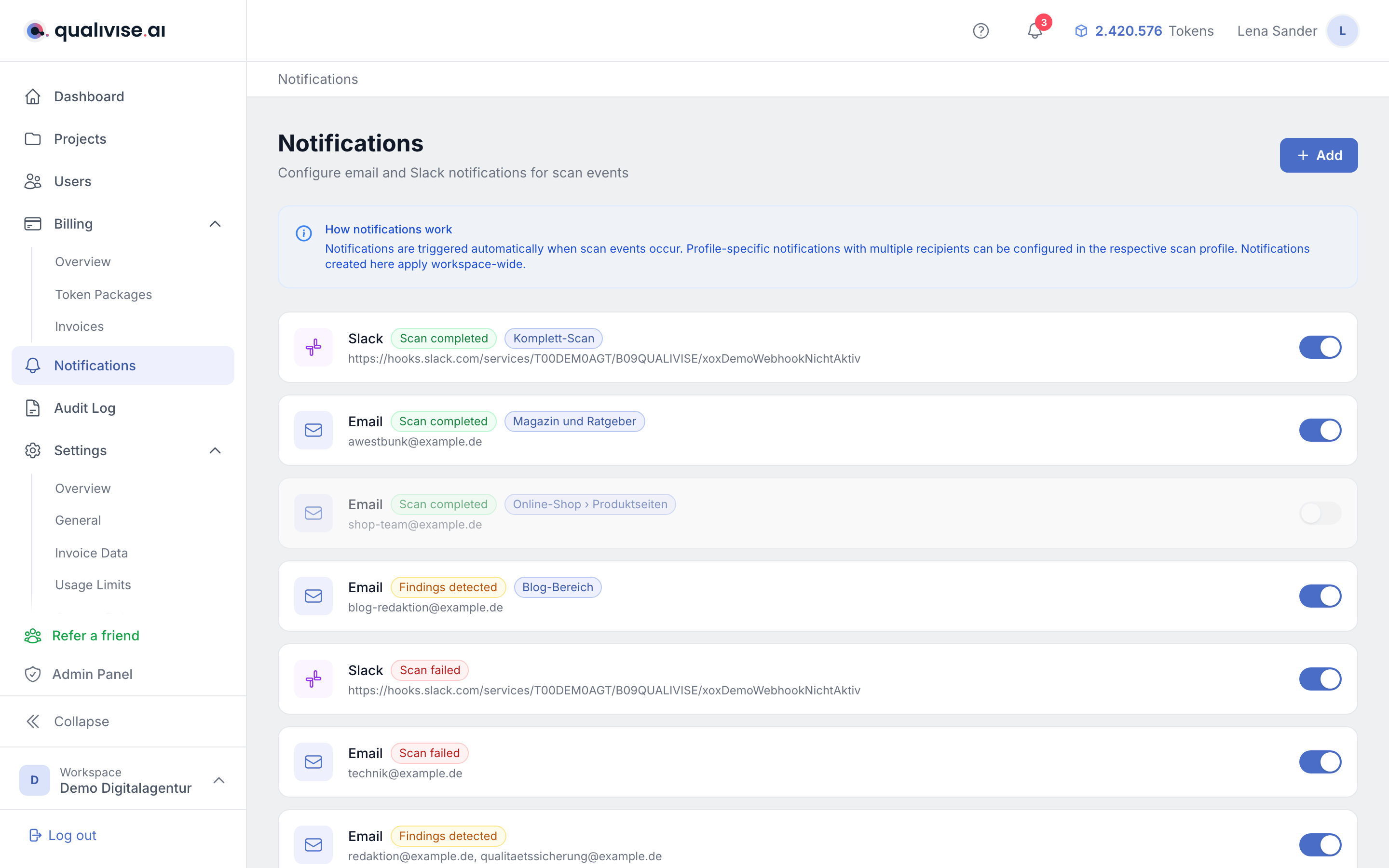 List of configured notification rules