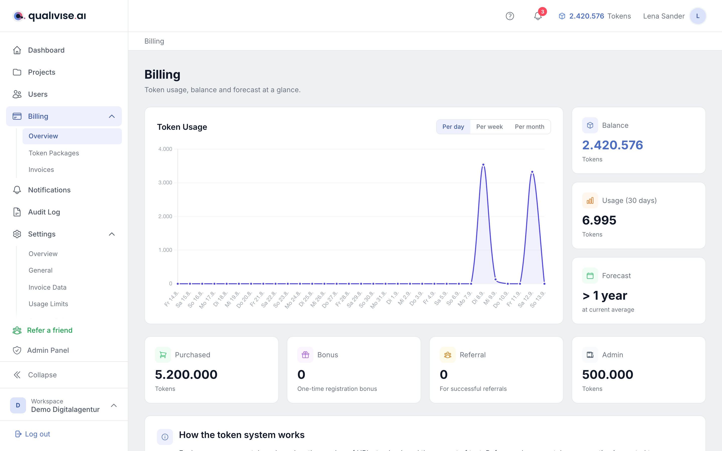 Billing area with token balance and summary