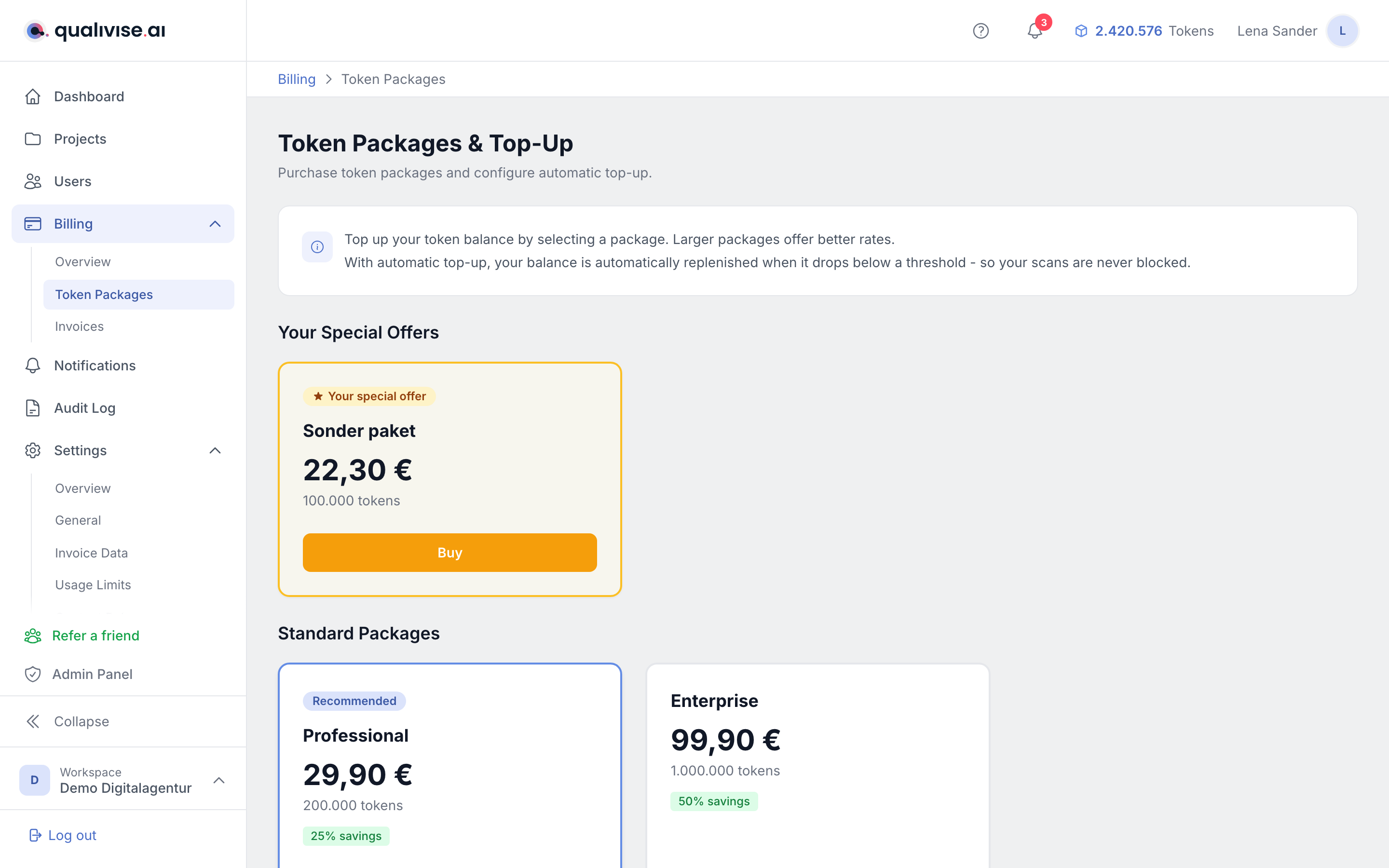 Token packages with special conditions and standard packages