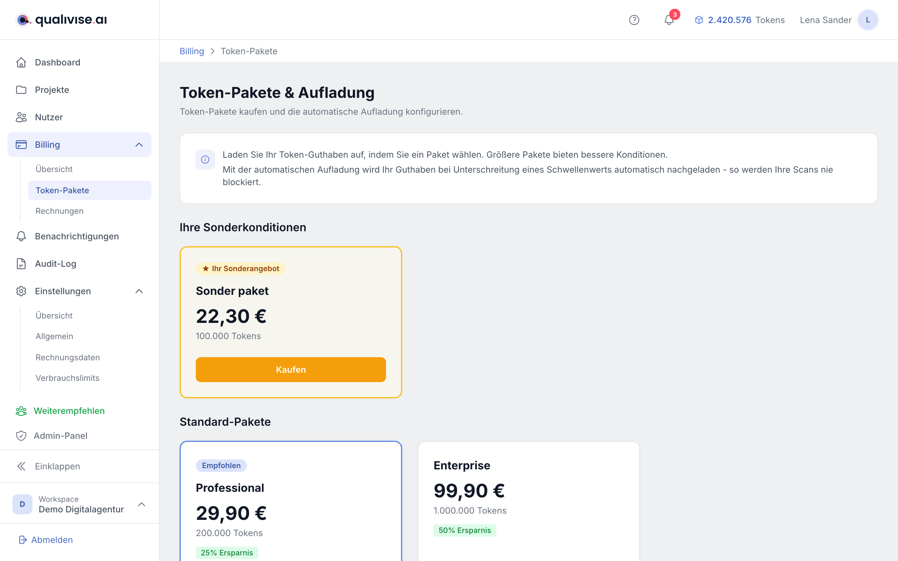 Token-Pakete mit Sonderkonditionen und Standard-Paketen