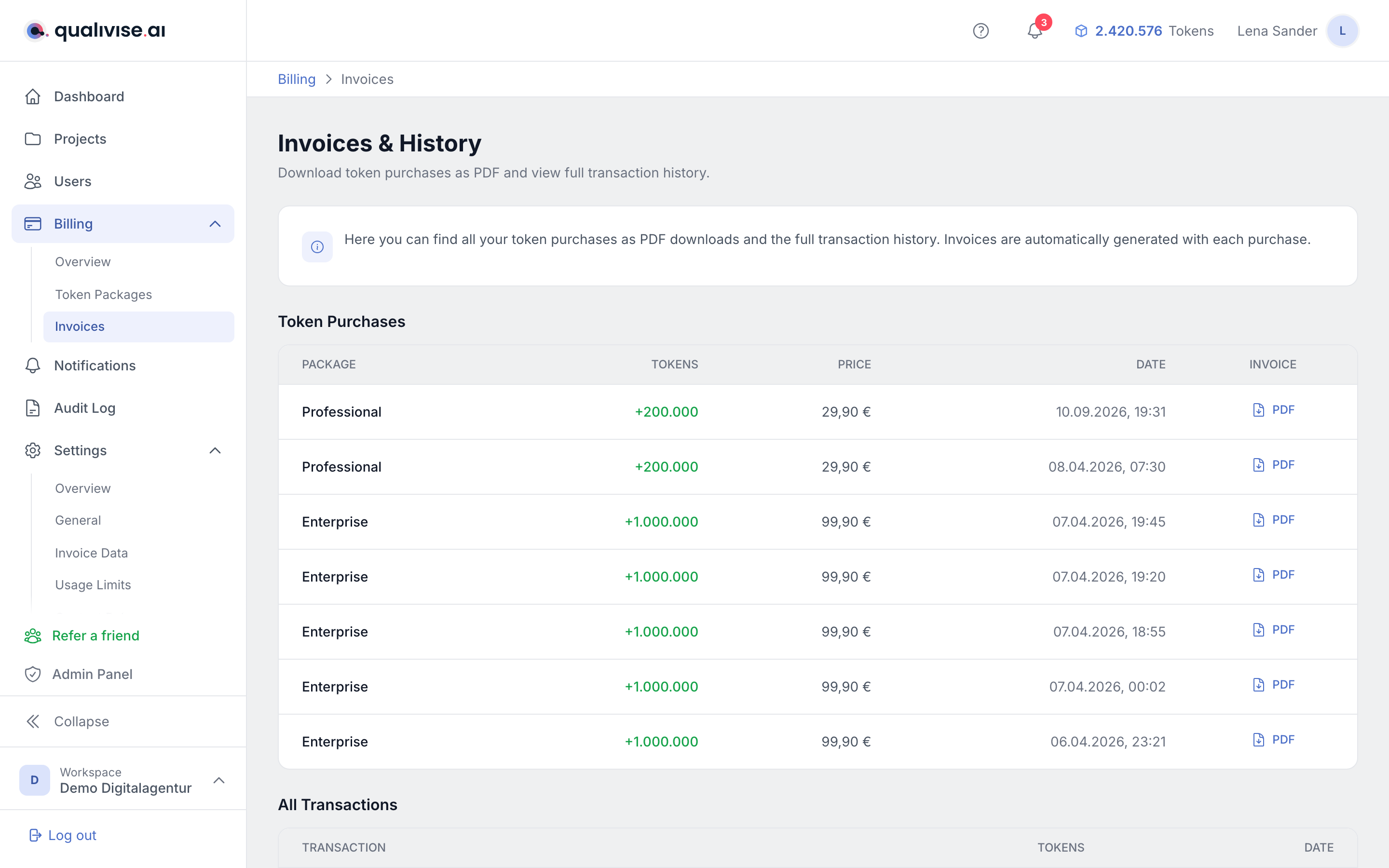 Workspace invoice list with token purchases and PDF download