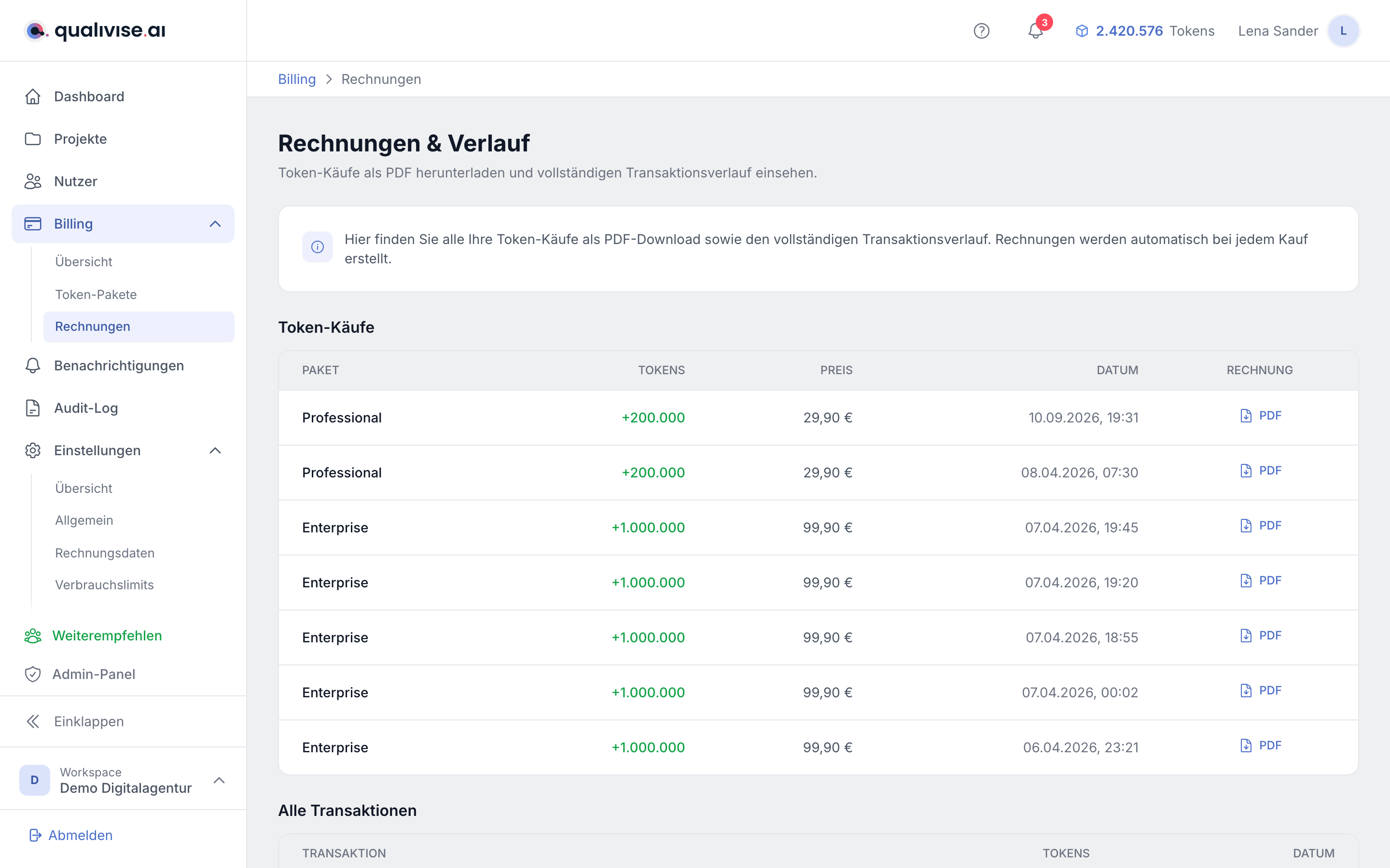 Rechnungsliste des Workspace mit Token-Käufen und PDF-Download