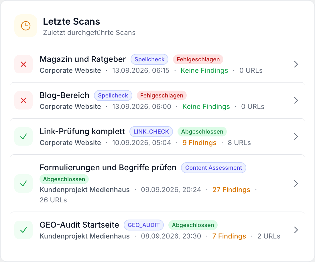 Karte Letzte Scans mit Profilname, Scan-Typ, Status und Findings