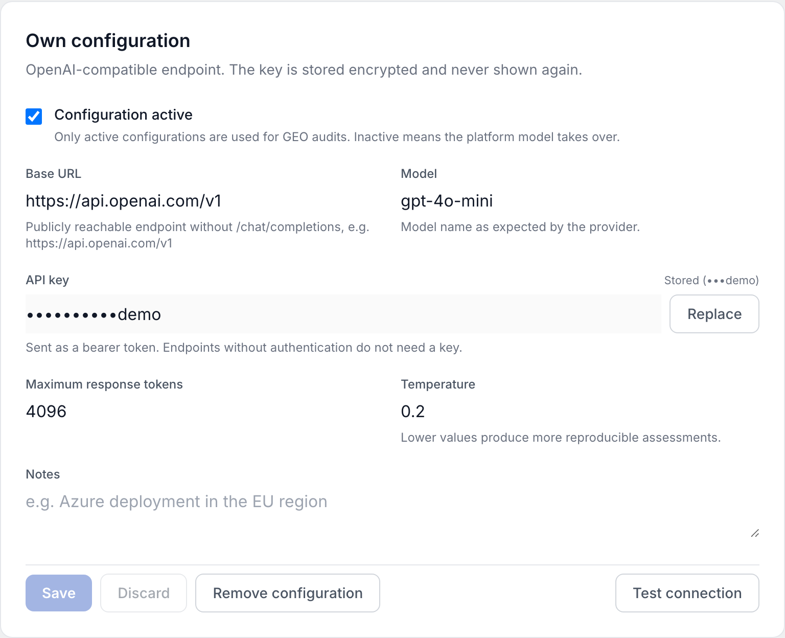 Own configuration form with base URL, model, masked API key, output tokens and temperature