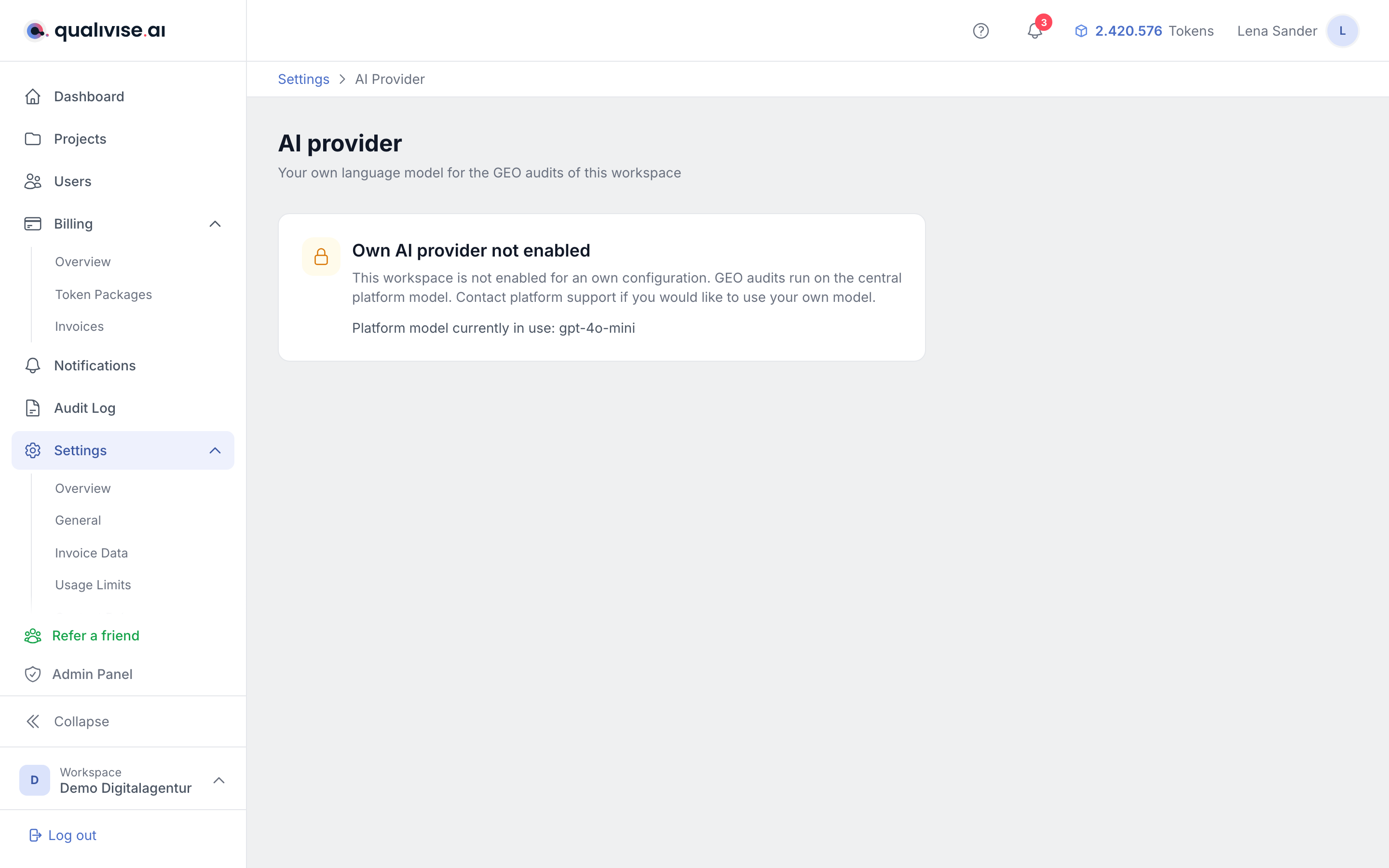 AI provider page with the note about the missing permission and the platform model