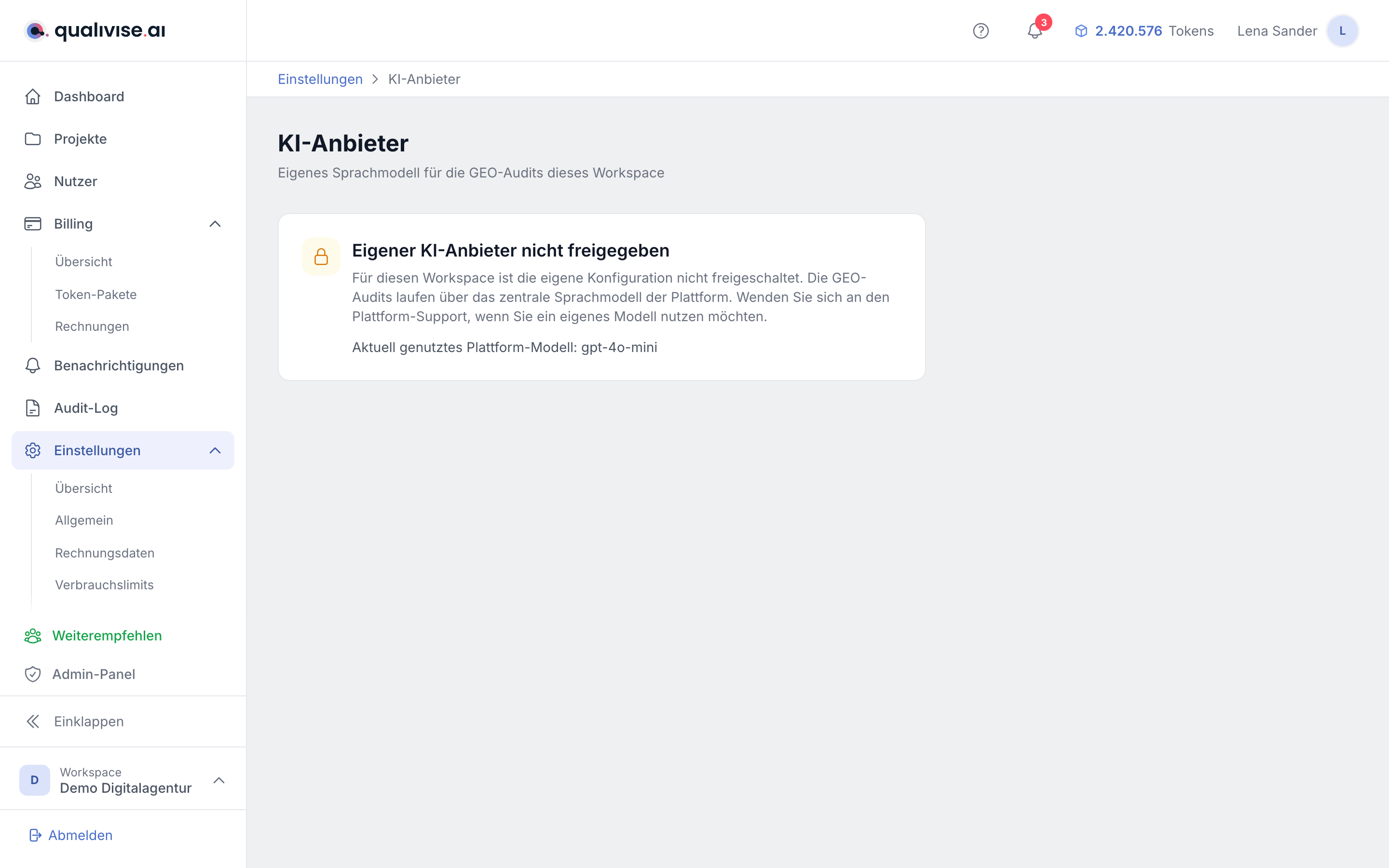 Seite KI-Anbieter mit Hinweis auf die fehlende Freigabe und dem Plattform-Modell