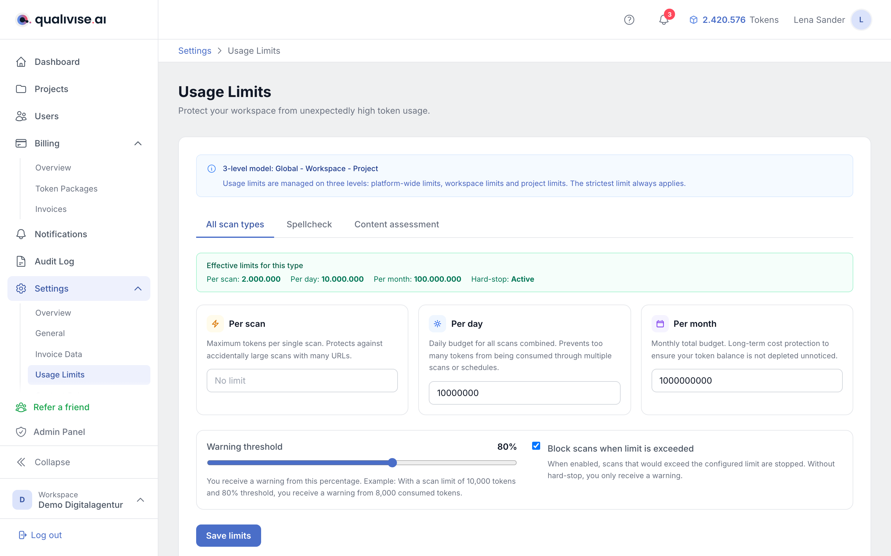 Workspace usage limits with limits per scan, day and month
