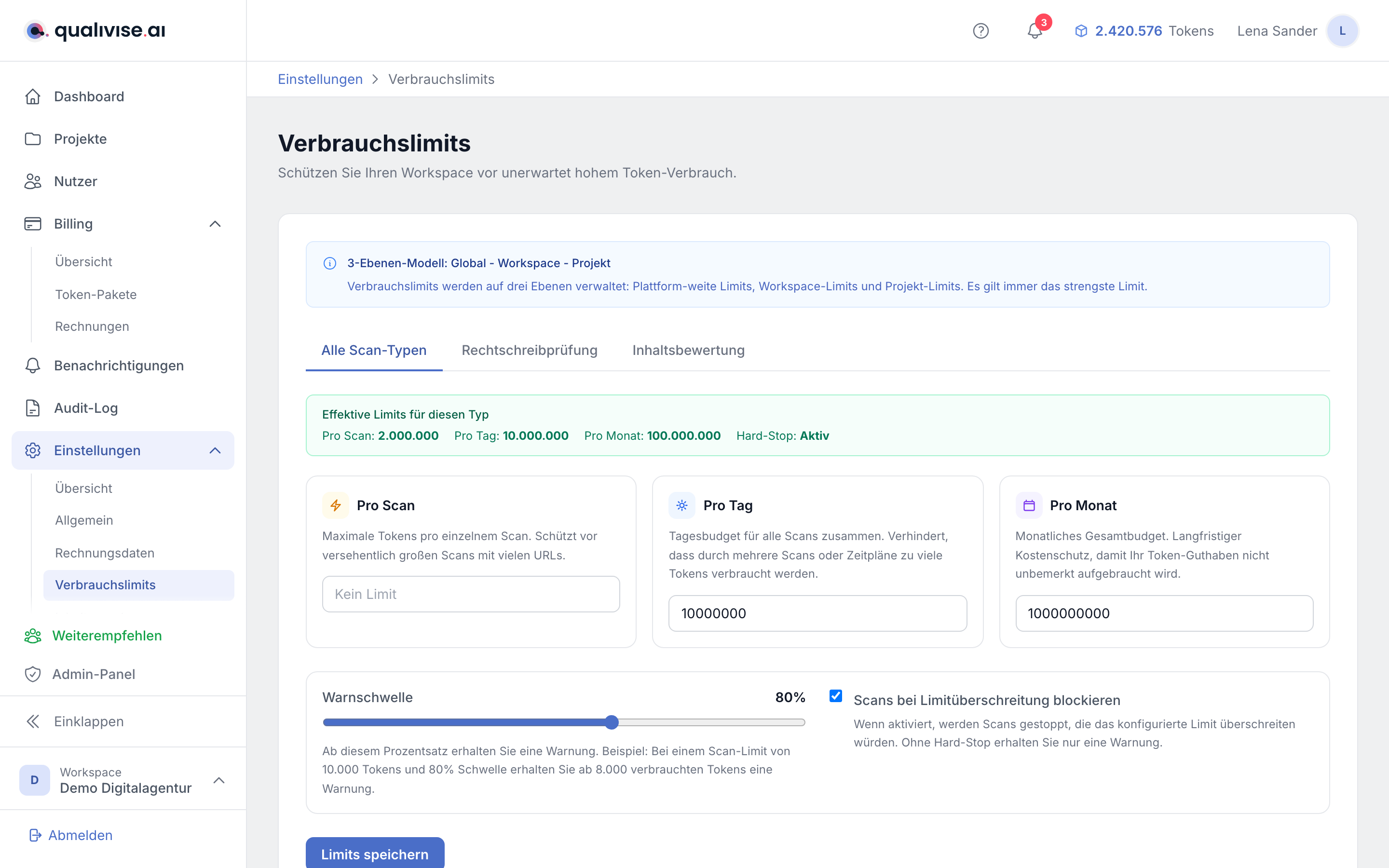 Verbrauchslimits des Workspace mit Limits pro Scan, Tag und Monat