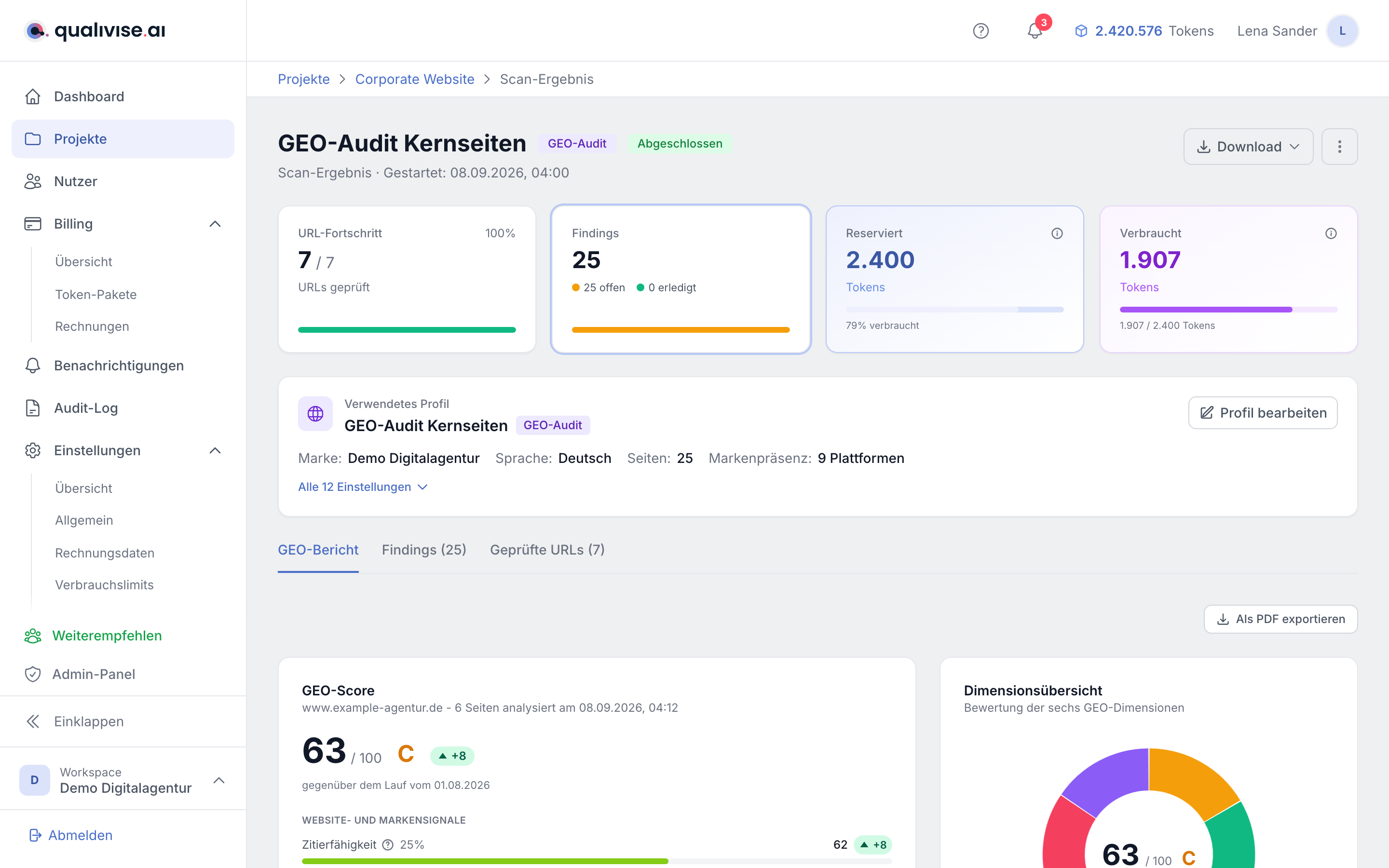 Vollständige Berichtsseite eines GEO-Audits mit Score und Dimensionsübersicht