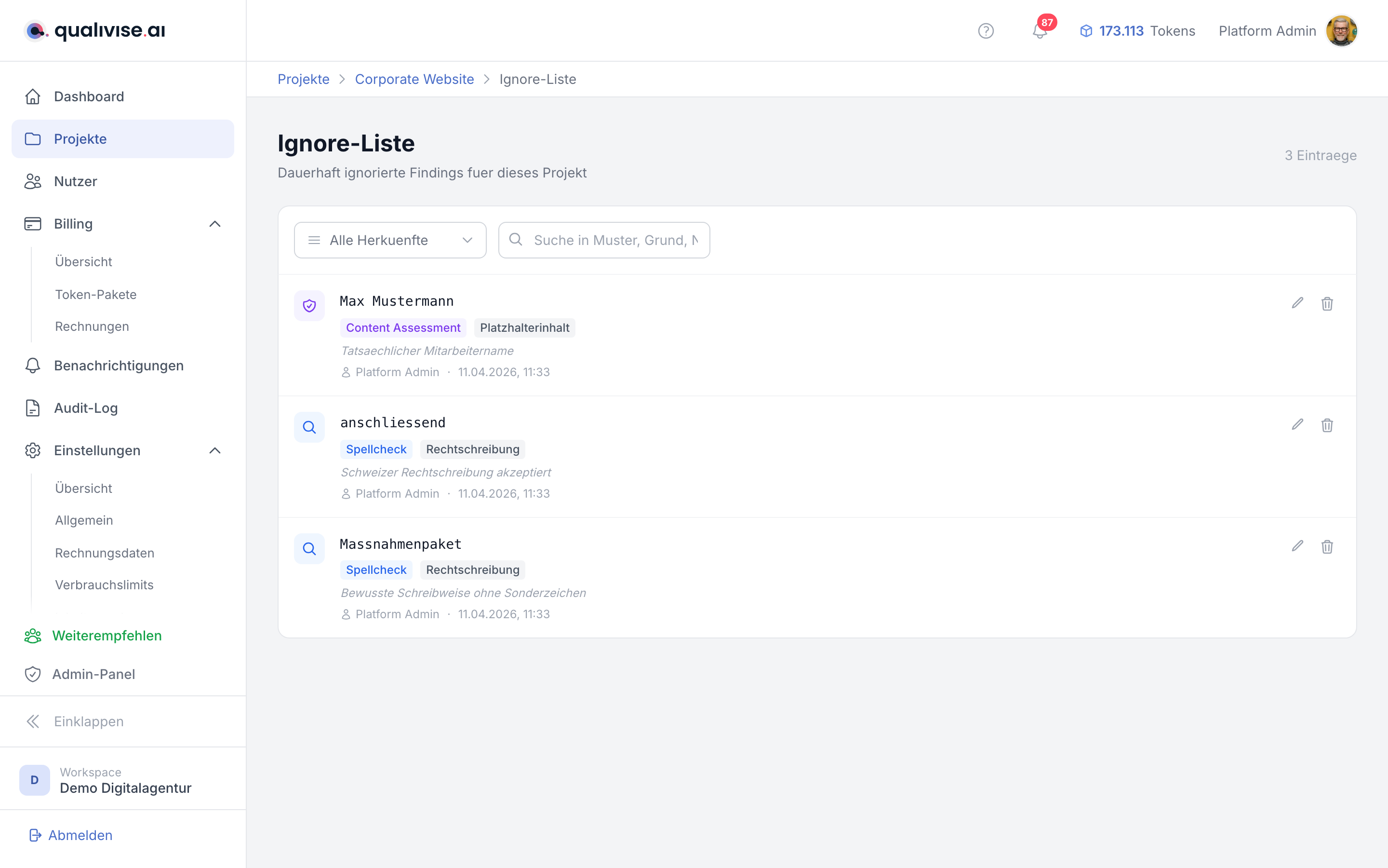Ignore-Liste Übersicht