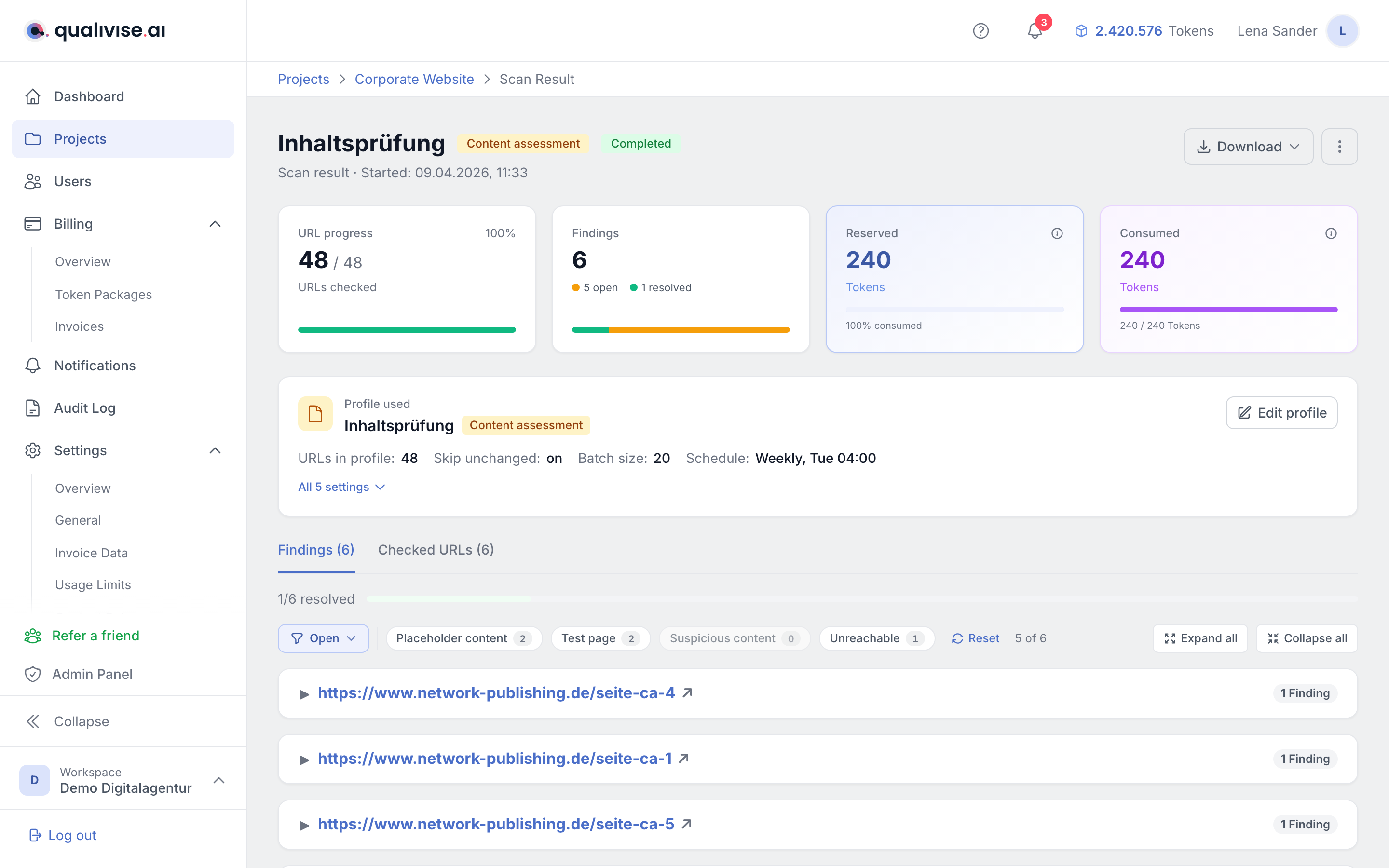 Content assessment scan result with findings per URL