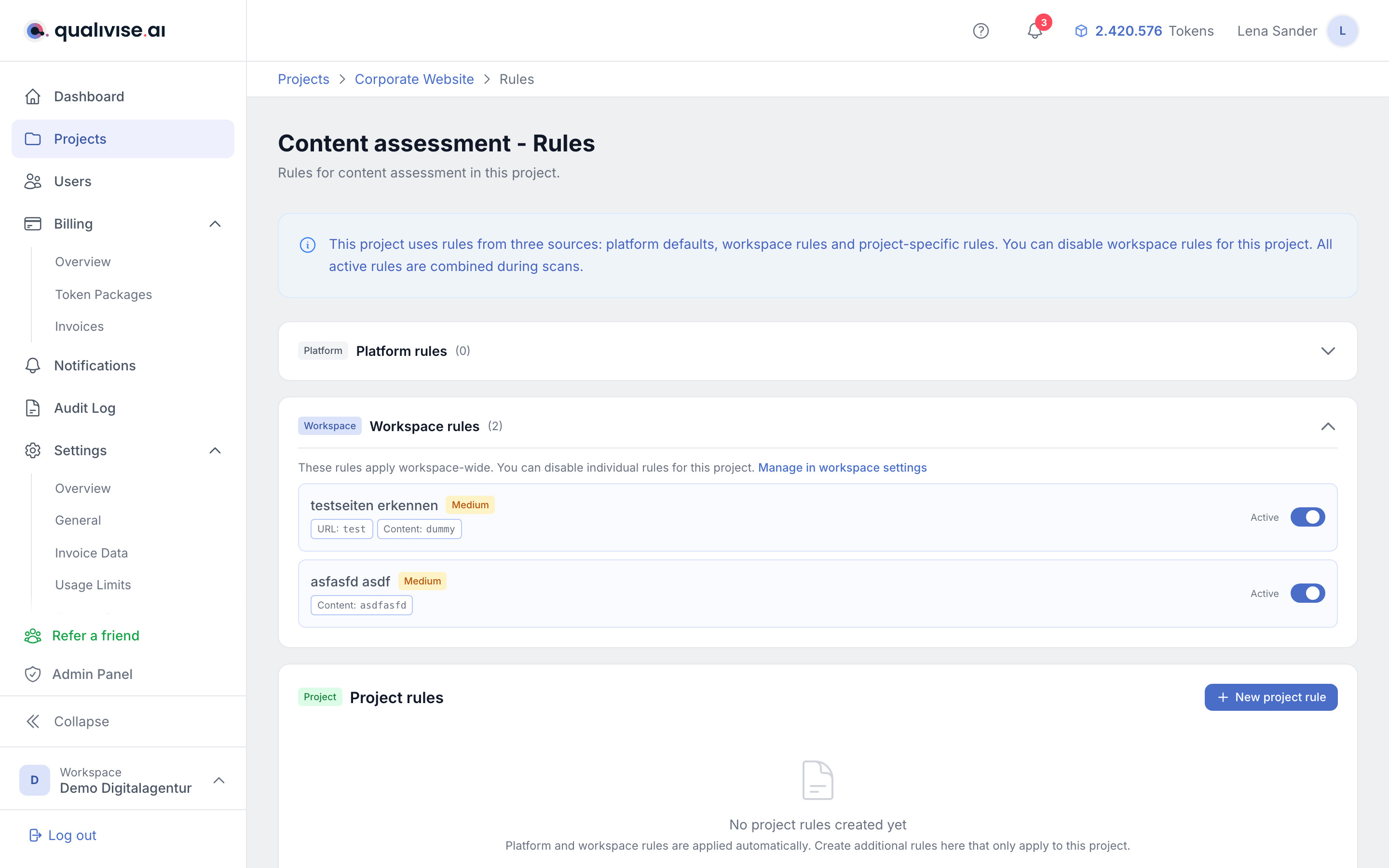 Content assessment rules in the project with platform, workspace and project rules