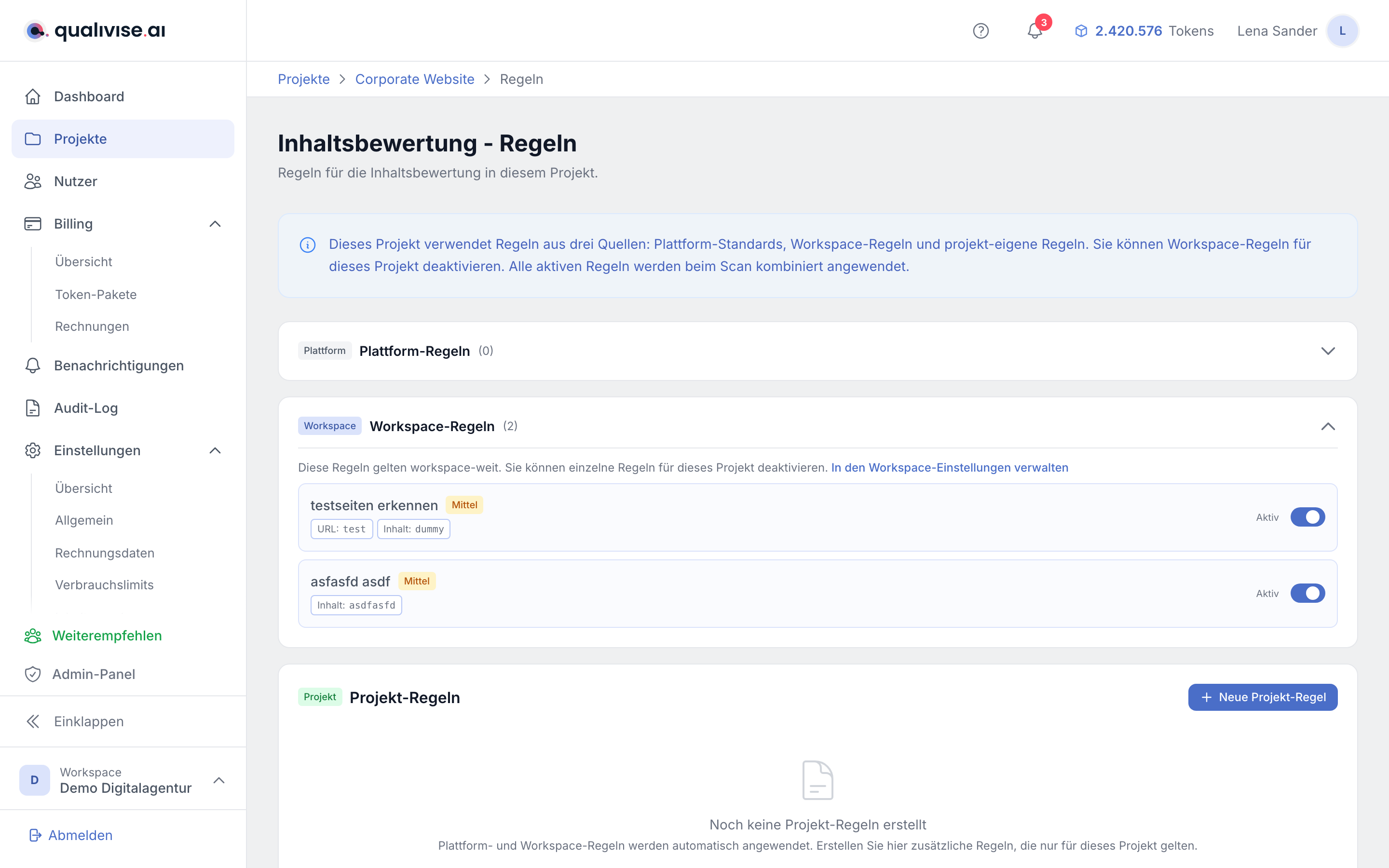 Regelwerk der Inhaltsbewertung im Projekt mit Plattform-, Workspace- und Projekt-Regeln