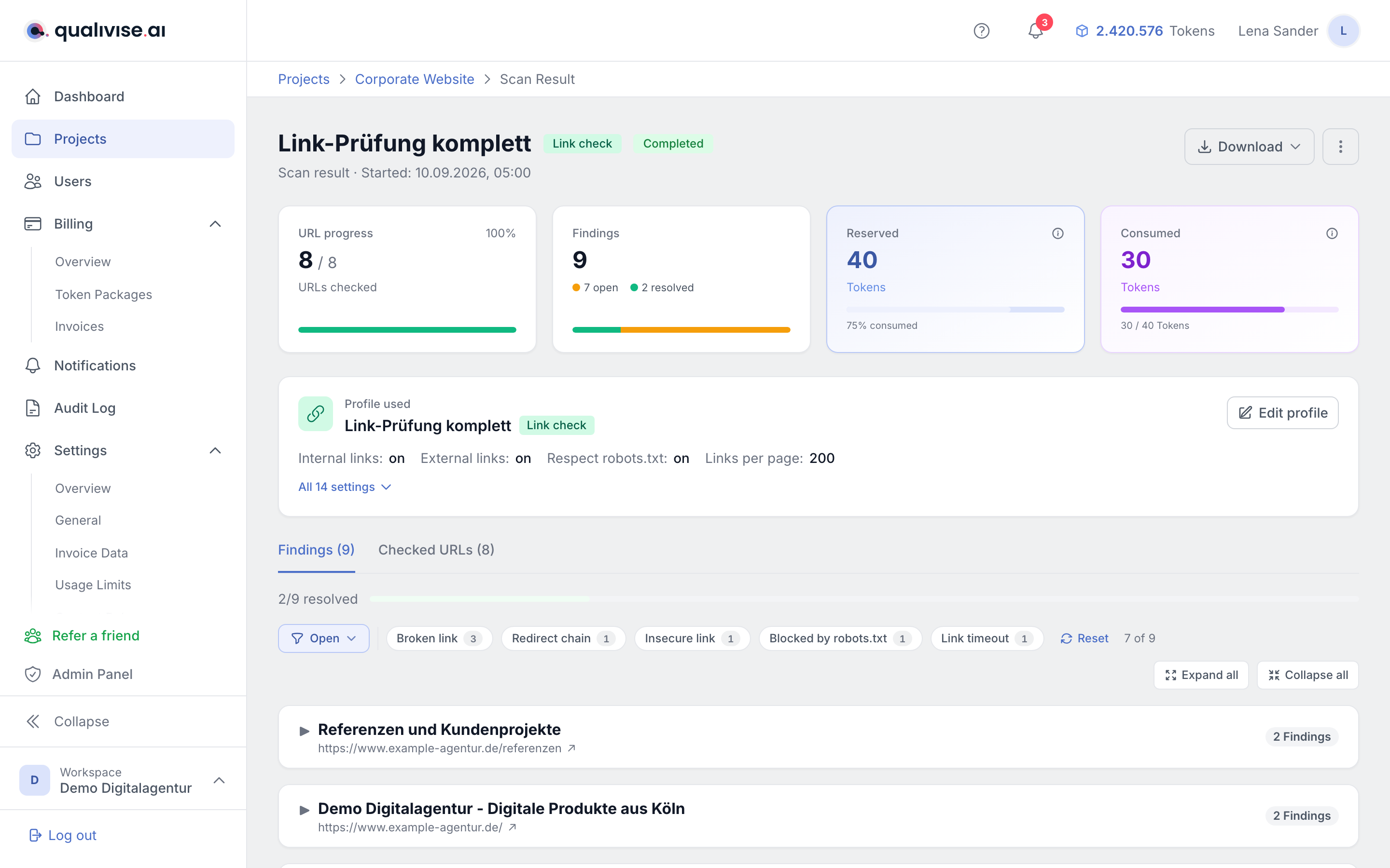 Link check scan result with finding types such as broken link and redirect chain
