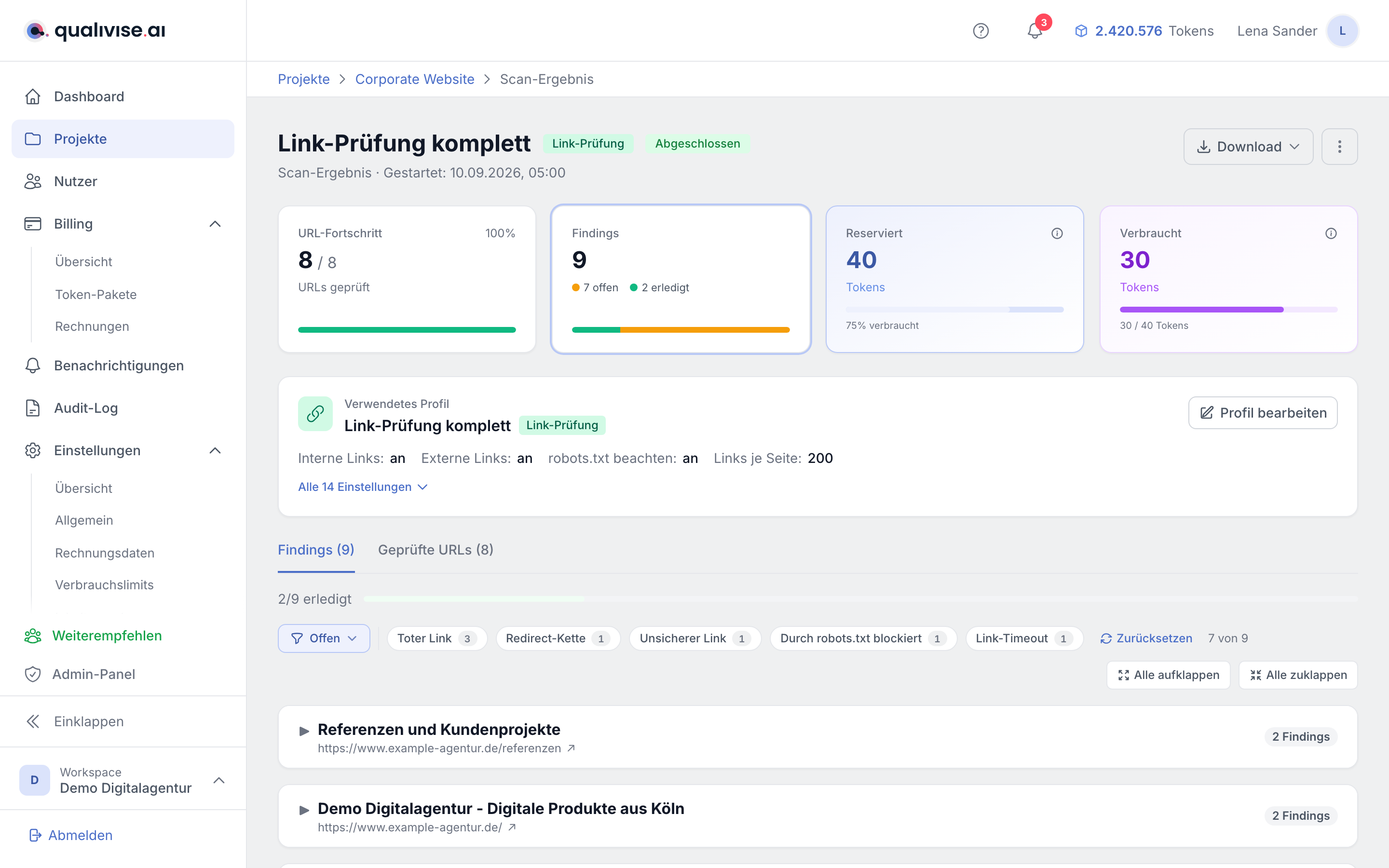 Scan-Ergebnis einer Link-Prüfung mit Befundtypen wie Toter Link und Redirect-Kette