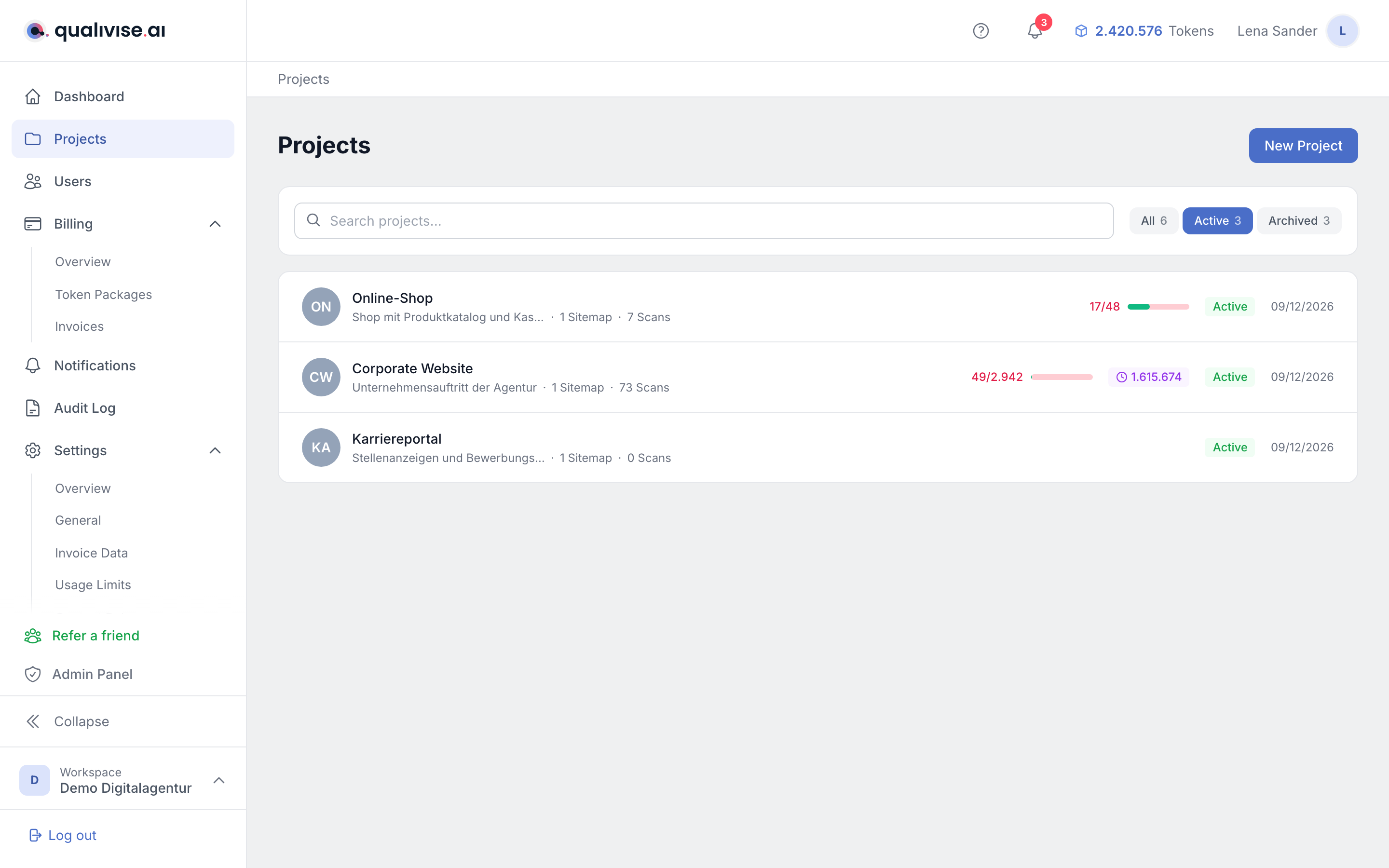 Project list with search, status filter and key figures per project