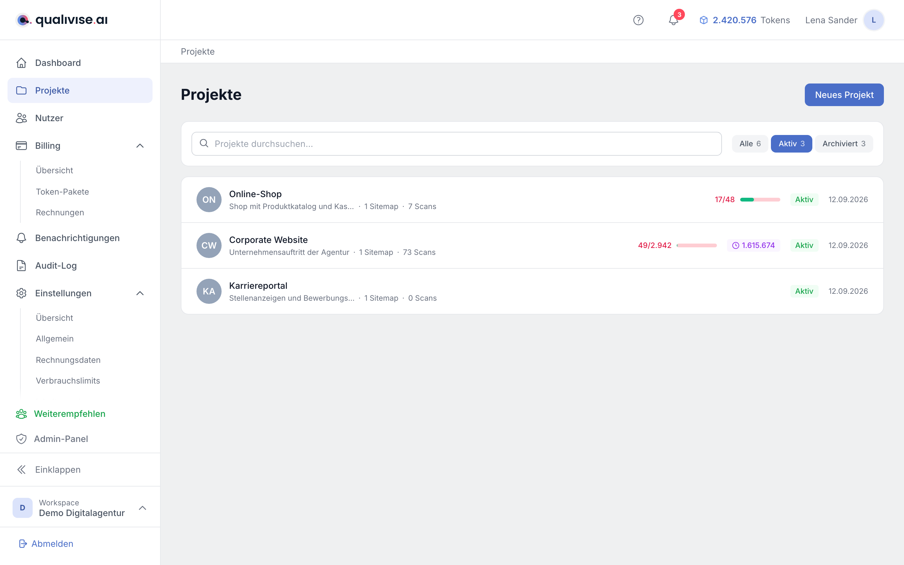 Projektliste mit Suche, Statusfilter und Kennzahlen je Projekt