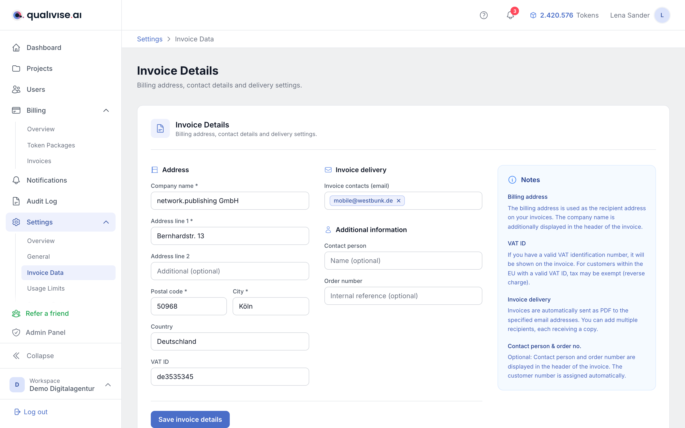 Invoice address with company name and address
