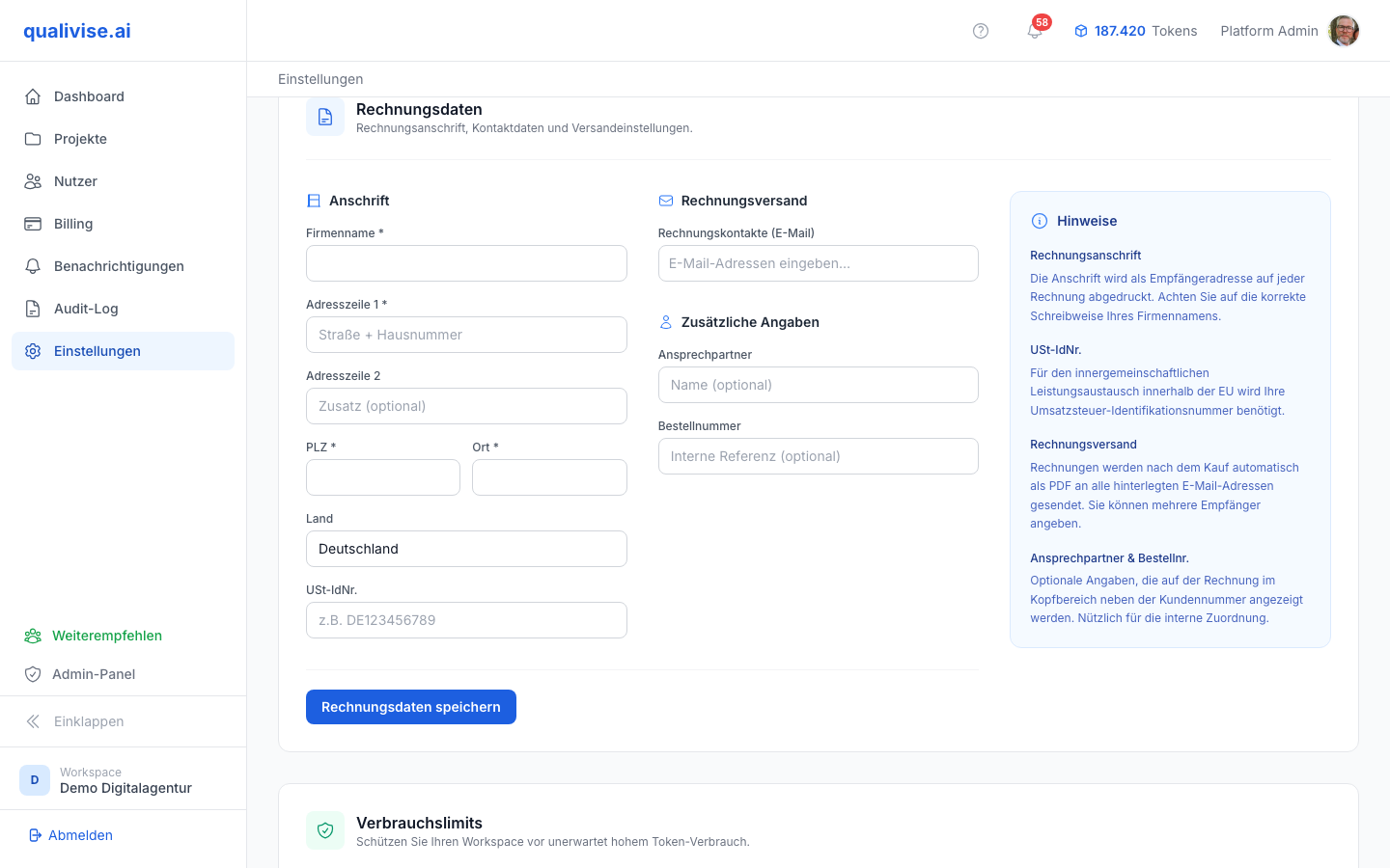 Invoice address with company name and address