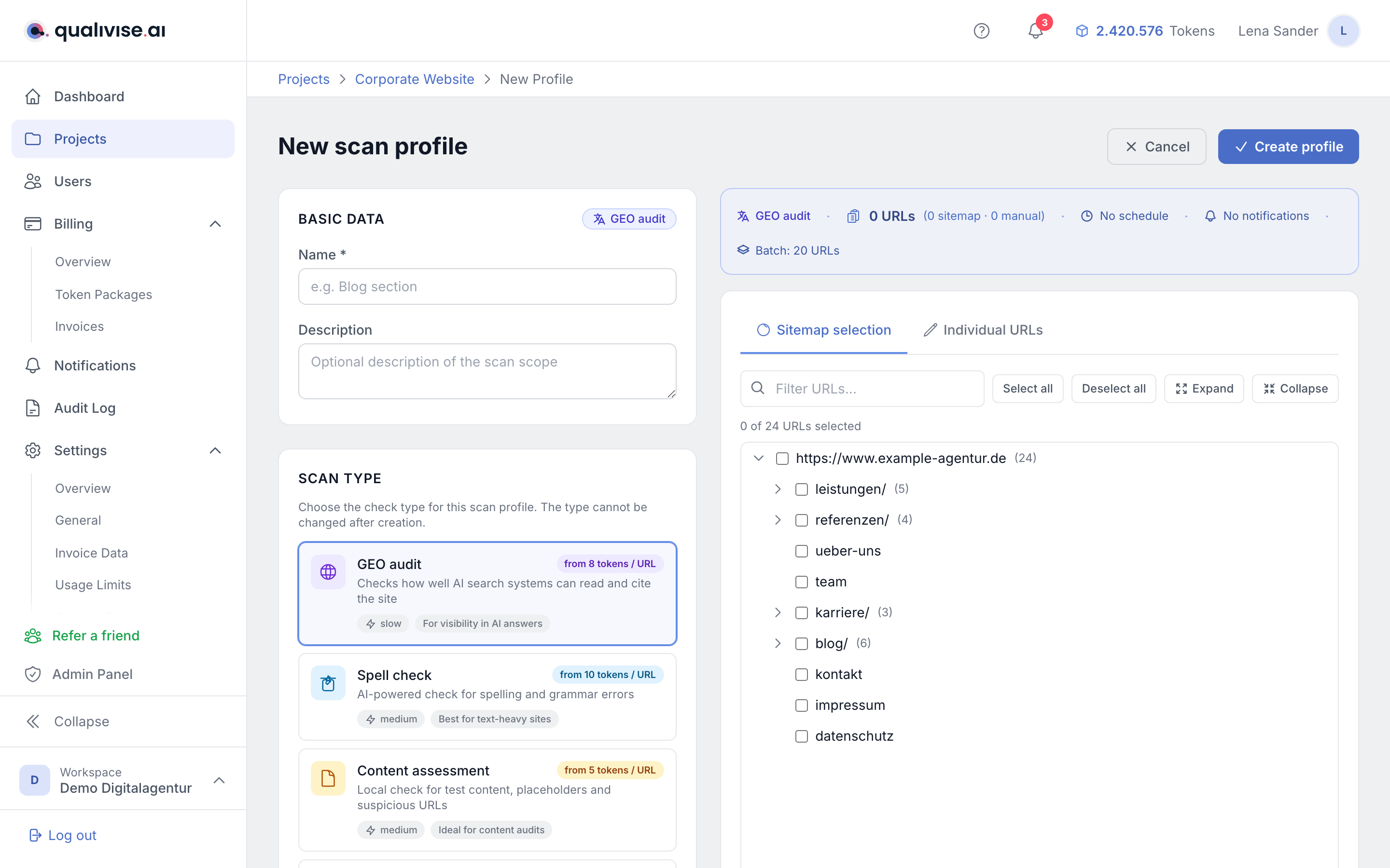 Editor for a new scan profile with basic data, scan type and URL selection