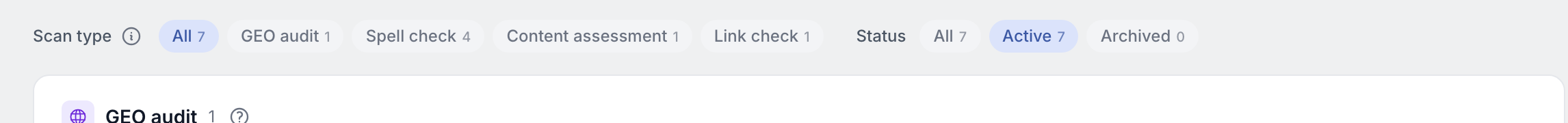 Filter bar for scan type and status with match counts