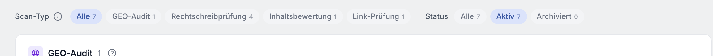 Filterleiste nach Scan-Typ und Status mit Trefferzahlen