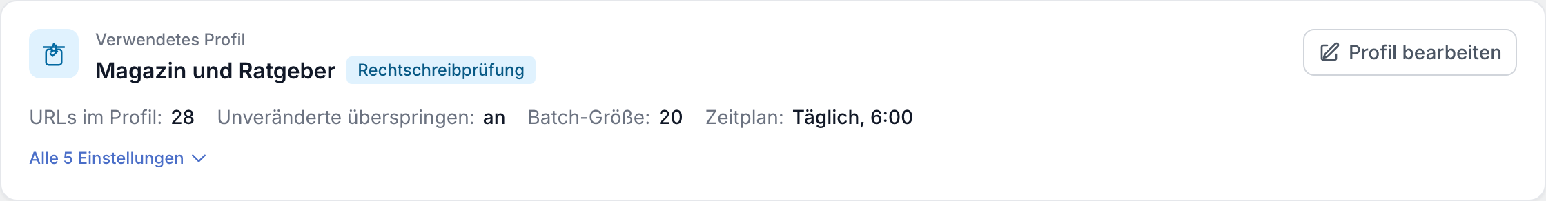 Karte mit dem verwendeten Scan-Profil und seinen Einstellungen